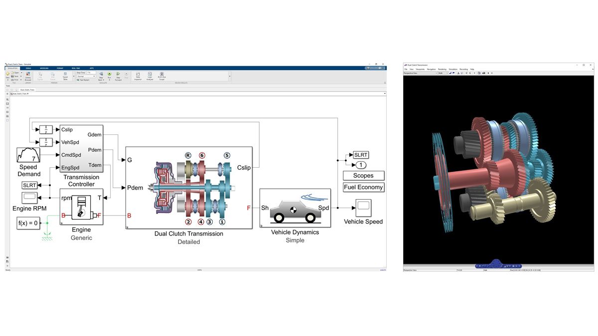 3D animation of the dynamics of a dual-clutch transmission modeled in Simscape Driveline